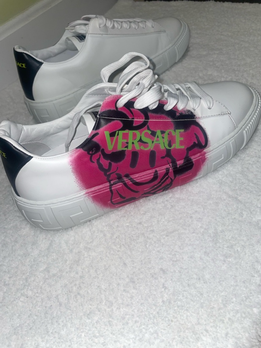 Versace White Sneakers with Hot Pink Graffiti and Neon Green Logo